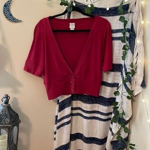 Simple, Red Short-Sleeved V-Neck Cardigan